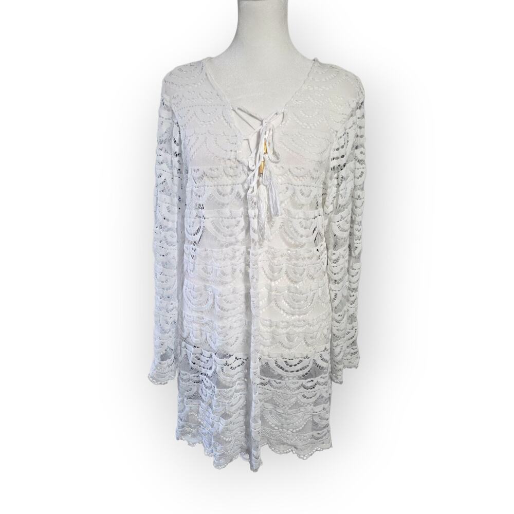 Wave Zone Lace Tunic Top Womens XL White Boho Sheer Beach Cover Up Long Sleeve